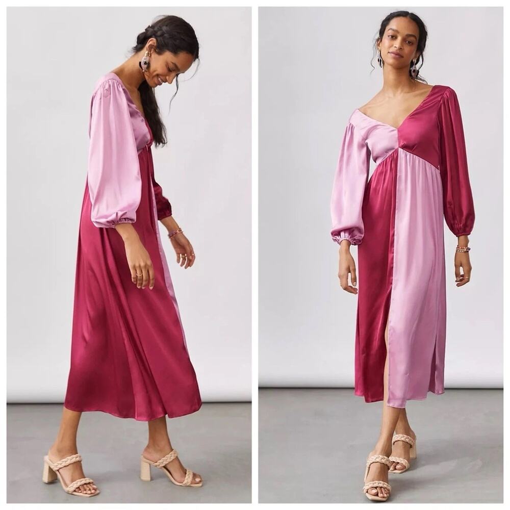 Porridge Anthropologie Colorblock Satin Midi Dress Pink Red Boho Size S